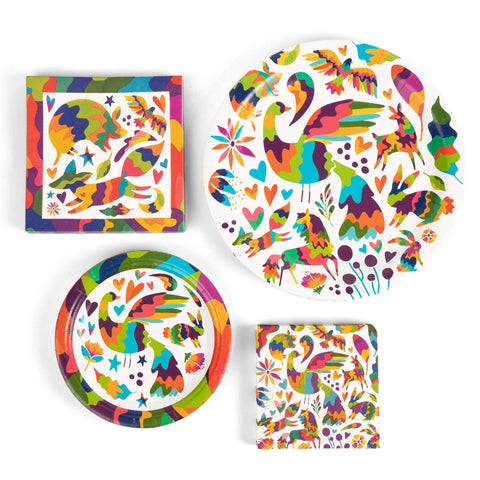 "Joyful Otomi" 80 Pc Paper Plate & Napkin Set or Separates: 80 Pc Set in Reusable Bag